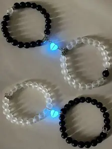 Couple Bracelets Set - Glow in Dark Crown & Heart Beads - Matching Love Gift for Him/Her - Valentine's Anniversary Present