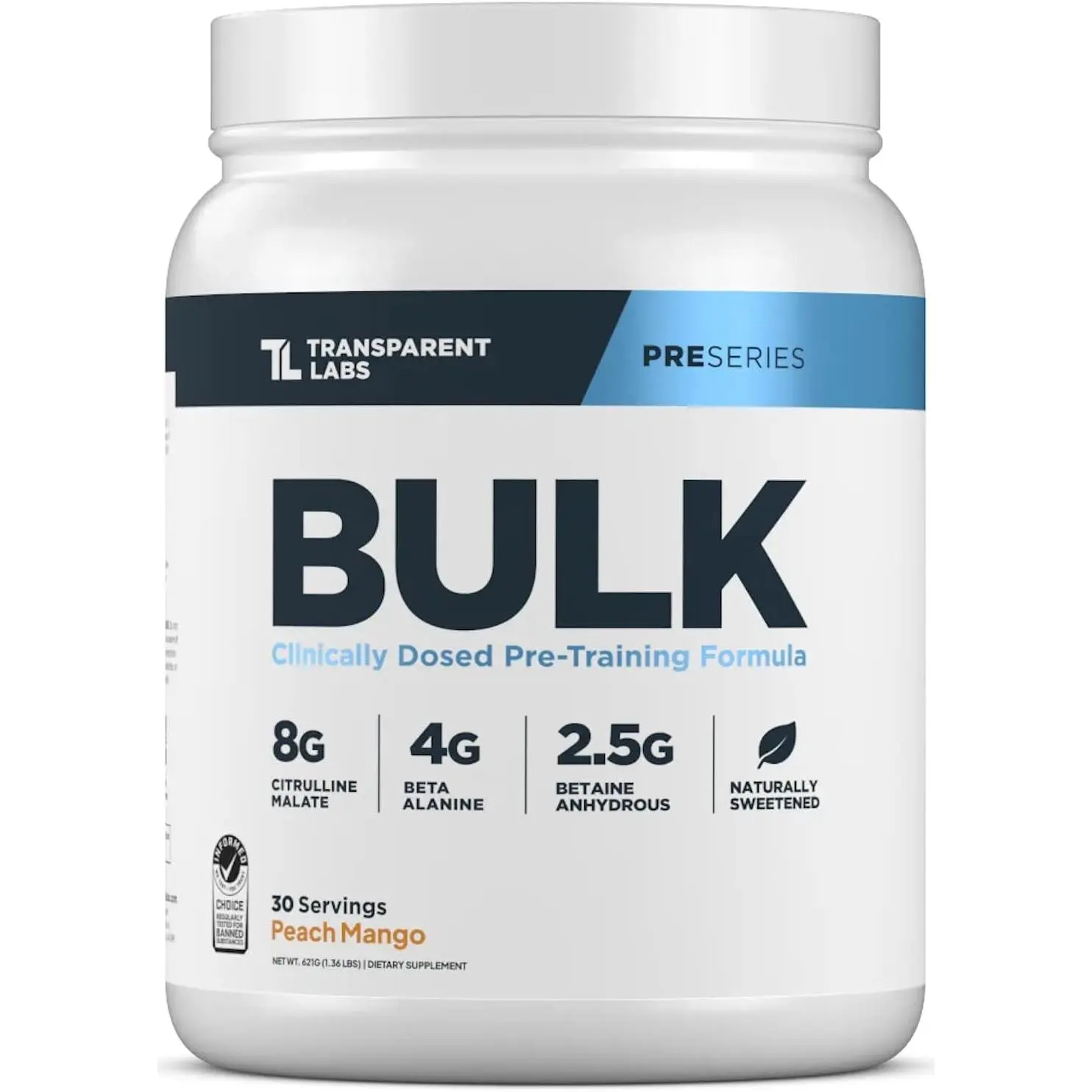 Transparent Labs Bulk Pre Workout Powder - Naturally Sweetened Preworkout for Men & Women, Pre Work Out for Muscle Building & Strength w/Beta Alanine & BetaPure - 30 Servings, Peach Mango Supplement Fitness