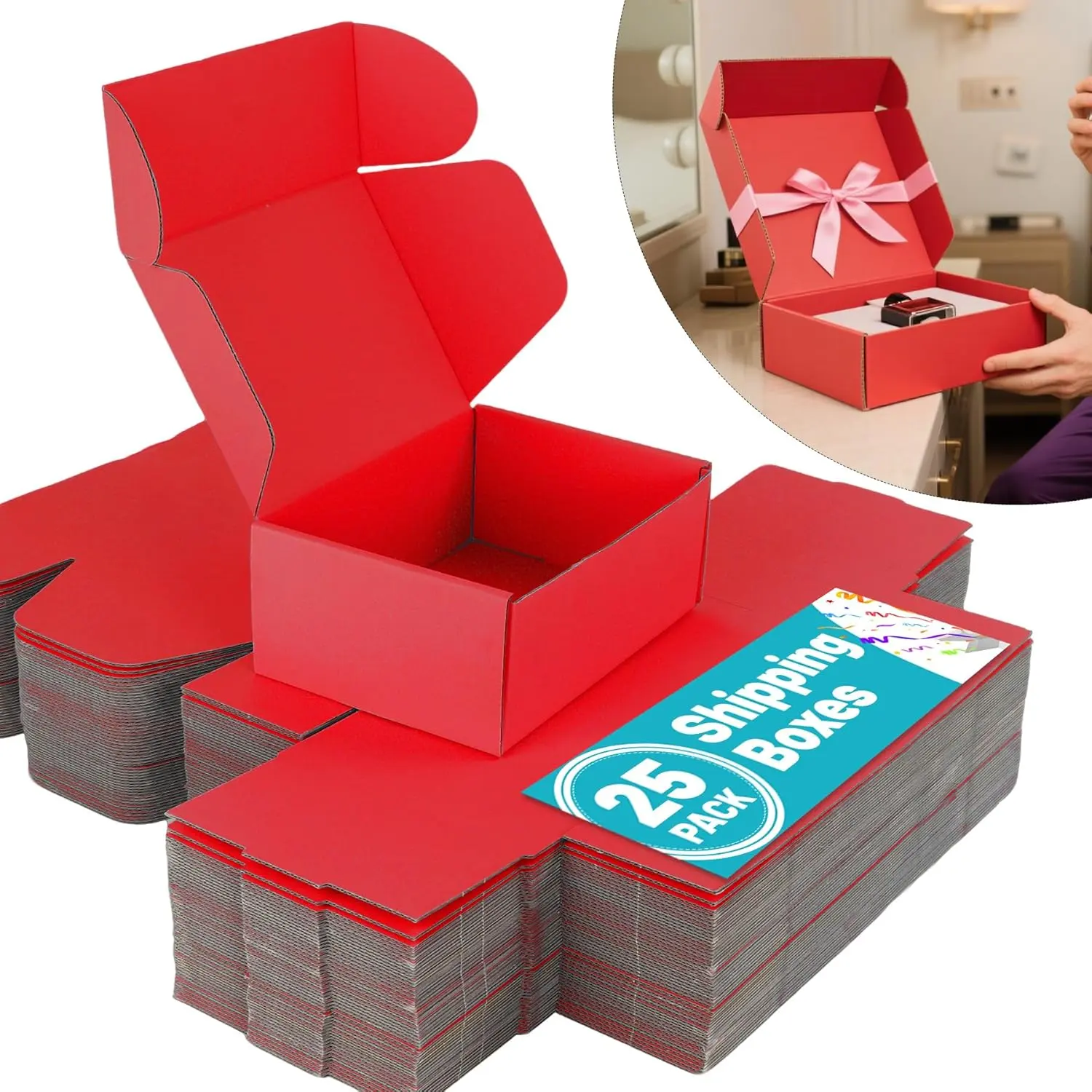 6 x 6 x 2 Inches Shipping Boxes, 25 Pack Red Corrugated Cardboard Box, Mailer Boxes for Small Business, Packing Craft Gifts & Supplies