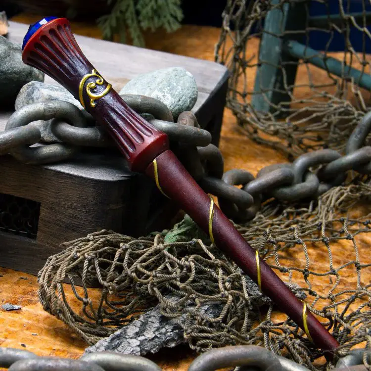 Fantasy Magic Wand Prop - Faux Wood, Blue Rhinestone Gem, Polished Individually, 1.25 Inches Wide, Eye-Catching Home Decor Statue for Witches & Wizards, All Seasons Home Supply, Hand Painted