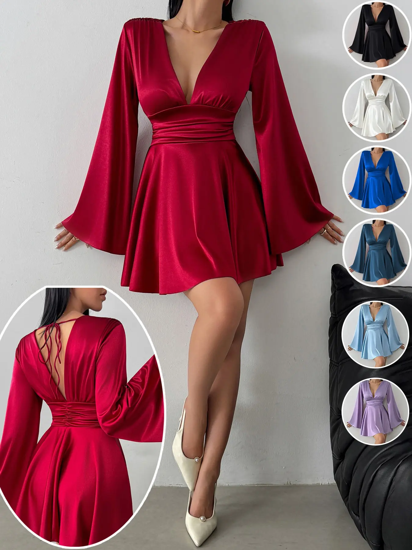 Autumn European Style Chic Women's Dress, Sexy Backless V-Neck Fitted Short Skirt, Long Sleeve Plain Color, Perfect for Bar Parties and Vacations