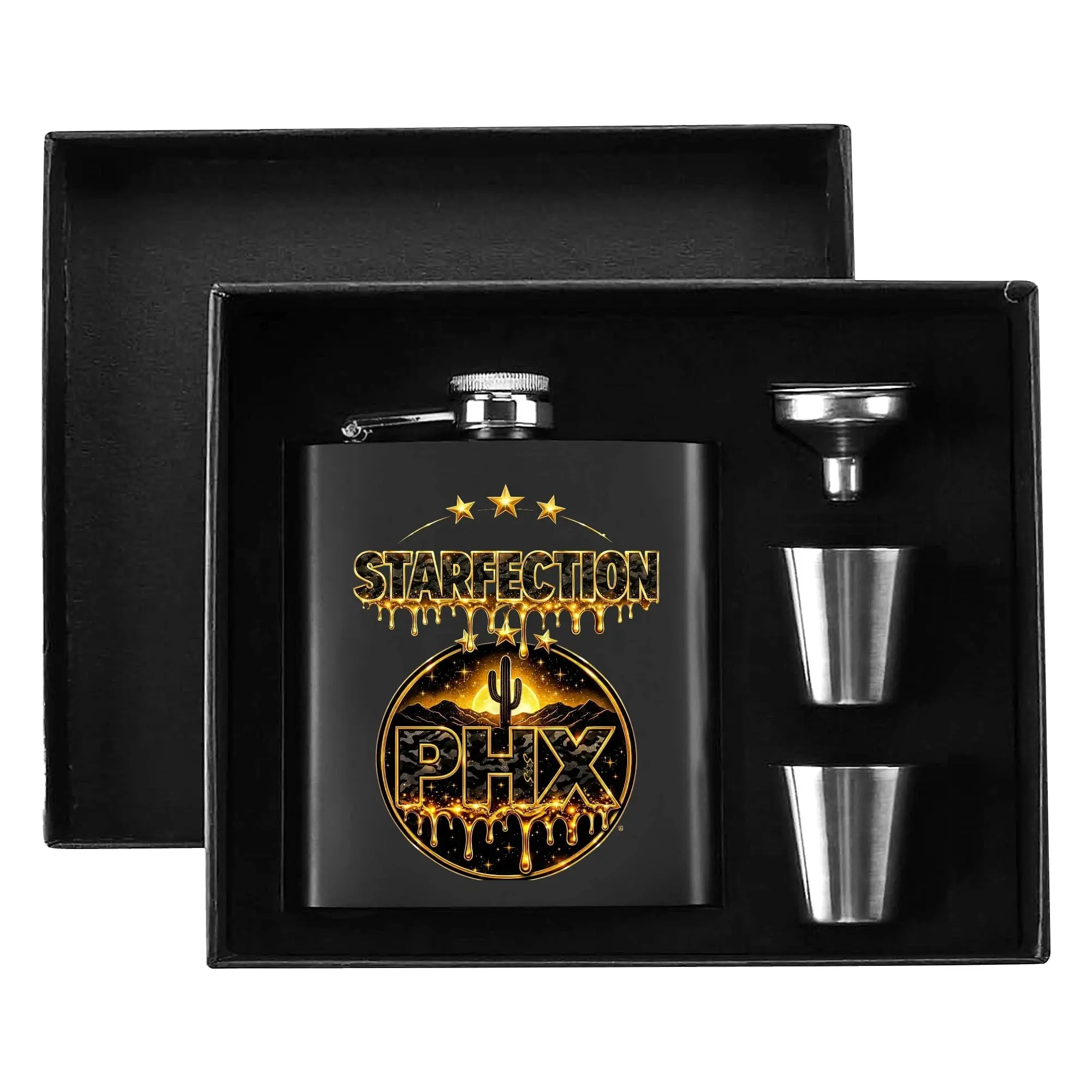Starfection Gold League Hip Flask Set 7oz Black Stainless Steel with A Gift Box