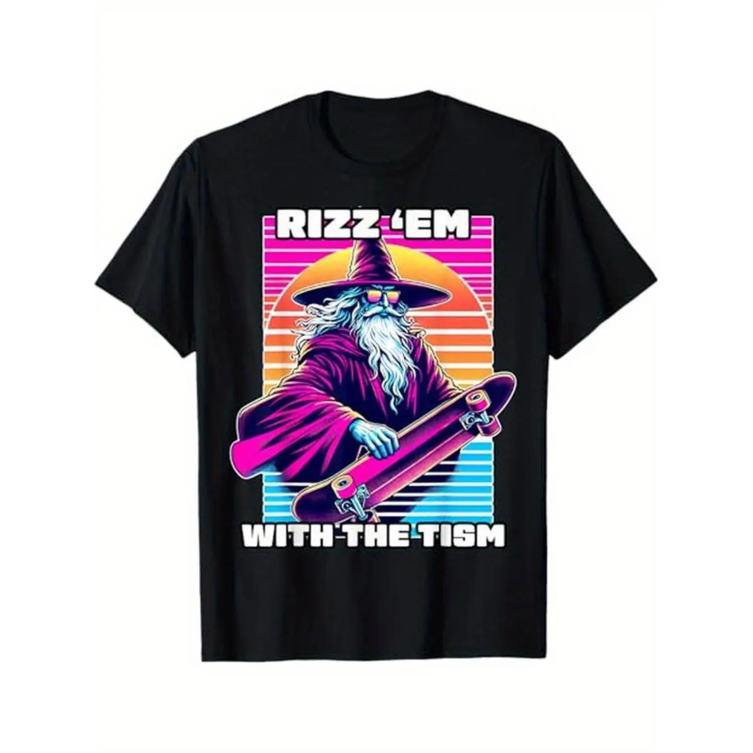 Men's Casual Graphic T-Shirt - Cartoon 'Rizz Em With The Tism' Autism Humor Memes Print, Shortleeve Round Neck Fitted Normal Type Tops, Funny Streetwear, All Seasons