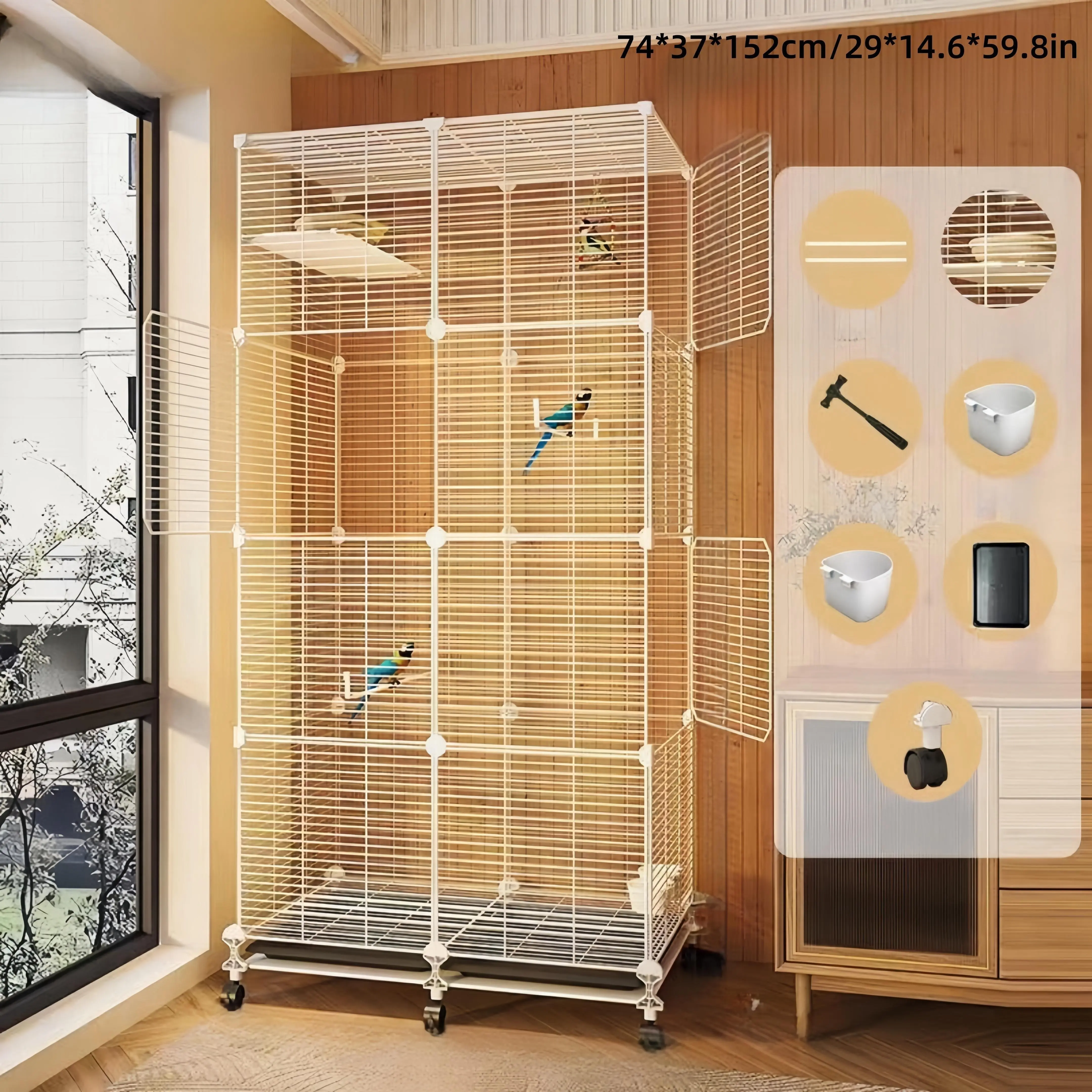 Large Metal Bird Cage, Double-Tier Spacious Aviary with Rolling Stand, Modular DIY Flight Cage for Parrots, Canaries, Finches - Easy Assembly, Indoor/Outdoor Pet Bird Housing with Accessories
