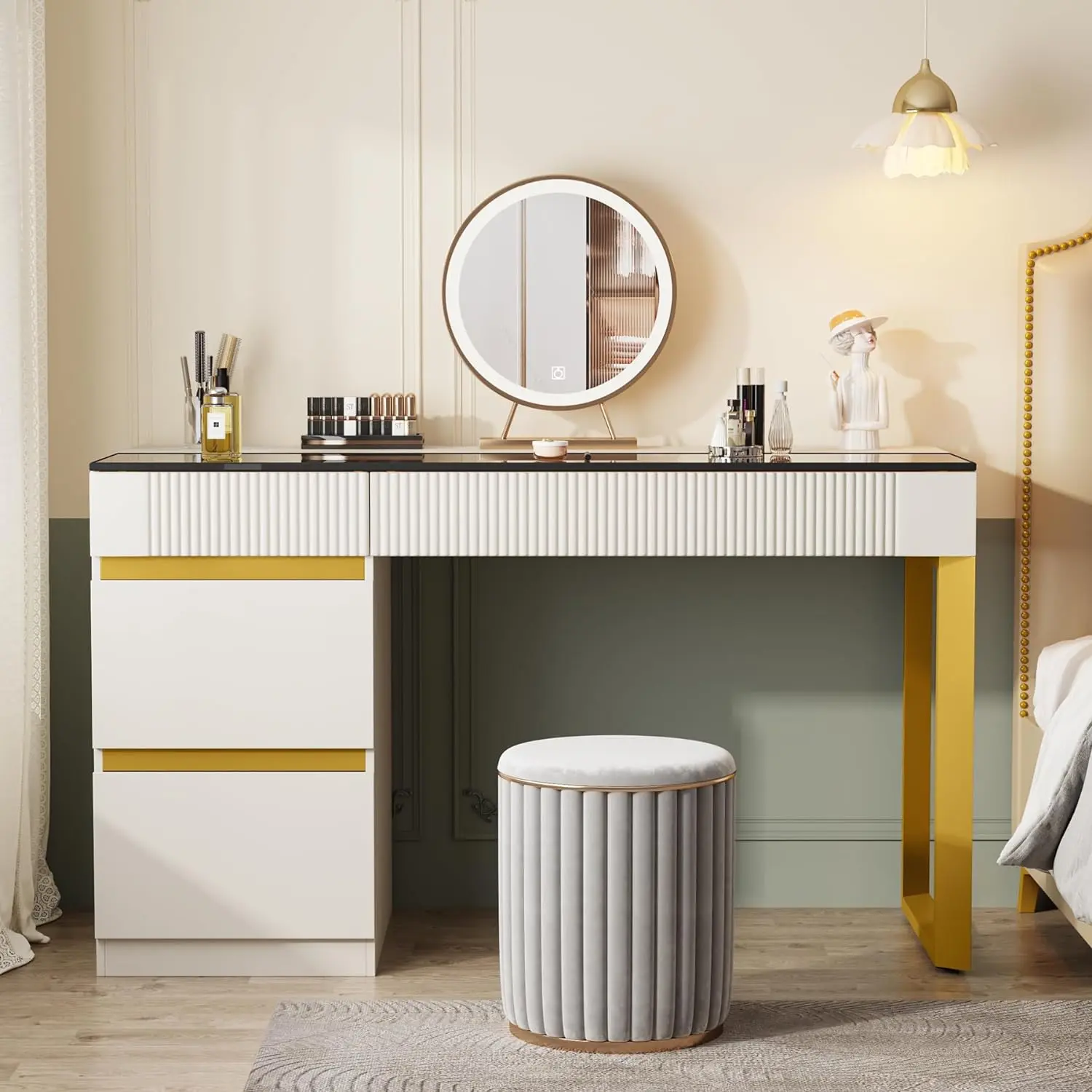 Tribesigns Modern Vanity Desk with 4 Drawers, Makeup Vanity Table, Glass Top Make Up Dresser Desk, White Gold Vanities with Visual Drawer for Bedroom (Without Mirror) antique furniture