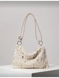 Women's Floral Hollow Weave Shoulder Bag Elegant Evening Clutch Handbag Party Beach Vacation Wedding Bridesmaid Gift Boho Style Shopping Crossbody Bag