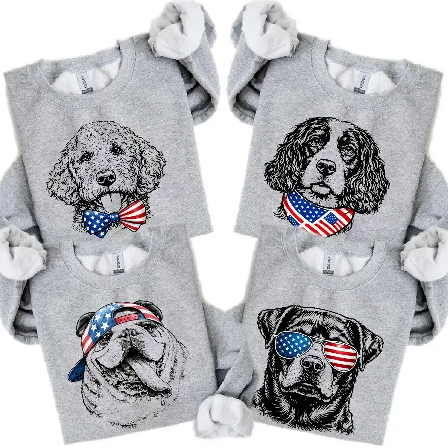 [Sale Up To 50%] Puppy Love Dog Sweatshirt Showcasing 50 dog breeds in 4th of July Graphic, Cute Puppy Independence Day Shirt for Dog Lovers, printed on a cozy Gildan Sport Grey unisex crew pullover for pet lovers