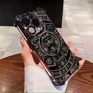 Super Cool Aztec Calendar Sun Stone Suitable For Aesthetic Electroplated TPU Casing For Iphone 16 15 14 13 12 11 X XS PRO PLUS MAX Four Corners Anti-Fall Transparent Casual Soft Silicone Phone Cases Perfect Gift For Men'S