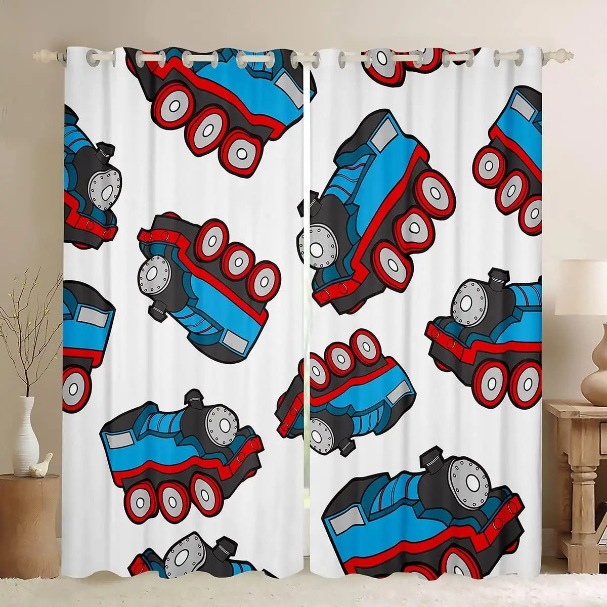 Feelyou Cartoon Car Train Plastic Blackout Curtains - Privacy Grommet Window Treatments, Red Blue 2-Panel Set for Bedroom, Living Room Use, Plastic Curtains, Privacy Grommet Curtains