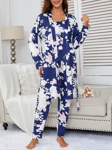 Women's Floral Print Strap Pants Set, Casual Fitted Sleepwear with Belted Long Sleeve Robe, All Season Comfortable Loungewear