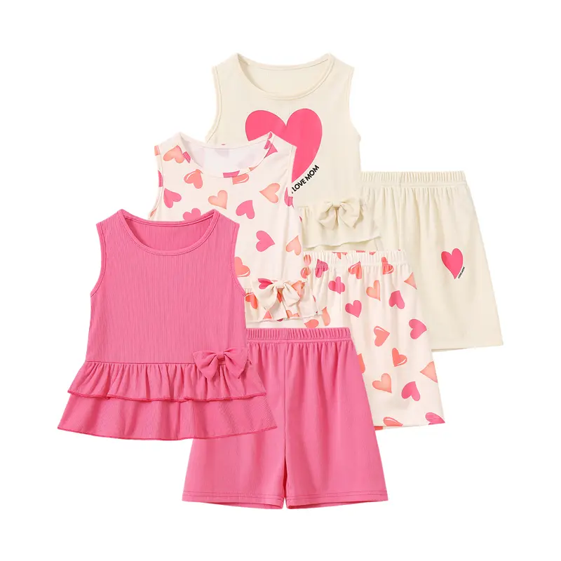 Girls' 6-Piece Summer Ribbed Tank Top Outfits - Casual Kids Clothing Girls Easy Match Set, Breathable Rib Knit, Ruffled Heart Prints Bring Cheerful Color, Solid Colors, Sleeveless, Soft, Ages 4-12, Cotton