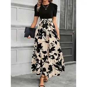 CharmingFloralPrintCrewNeckA-LineDress-Women'sElegantShortSleeveTieWaistAnkleLengthDressesforSpring&Summer-PerfectforOutdoorActivities,CasualWear,andVacation