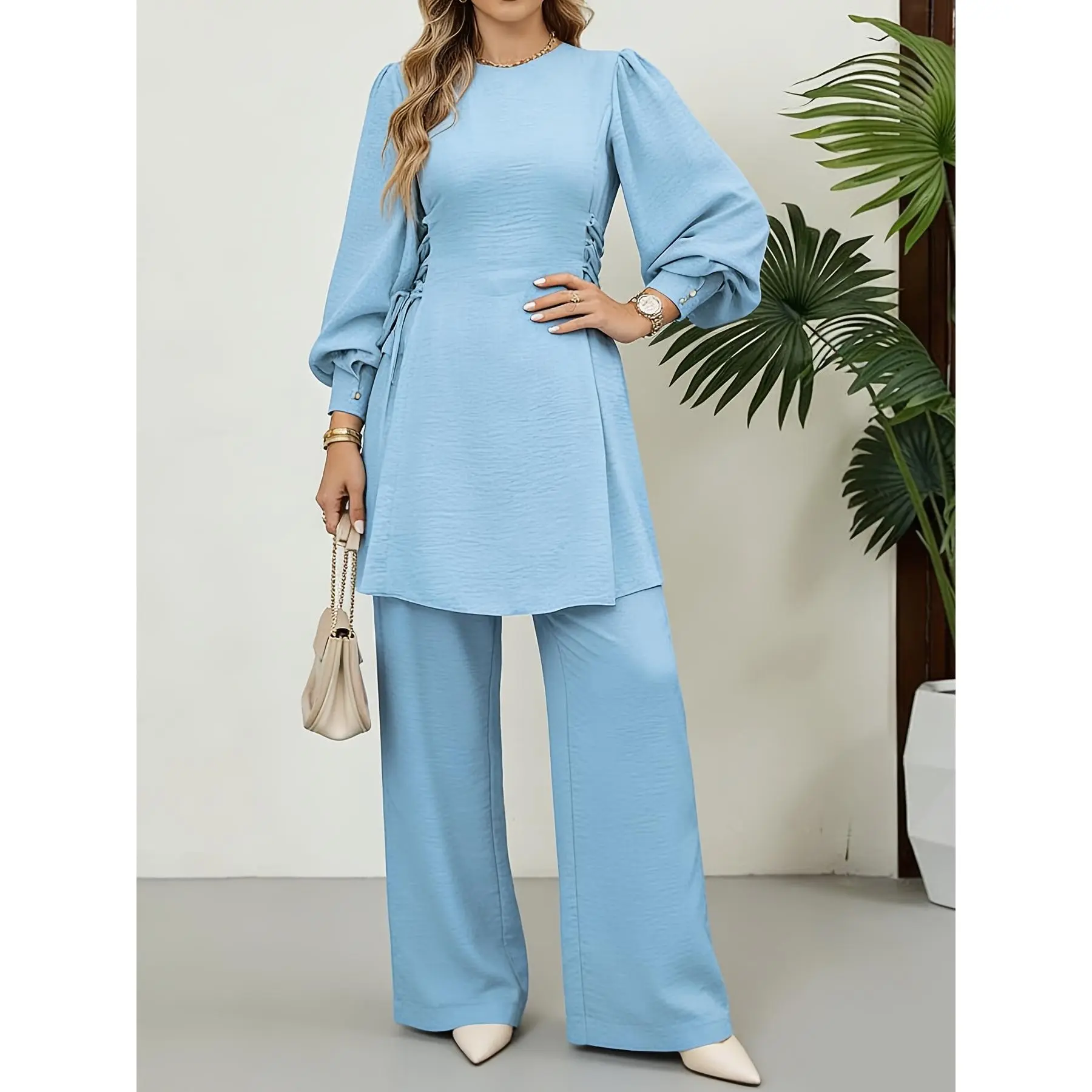 Women's 2-Piece Elegant Arabian Abaya Set - Modest Islamic Robe & Pants, No Hijab, for Ramadan Daily Leisure & Commute, Two Piece Set Women