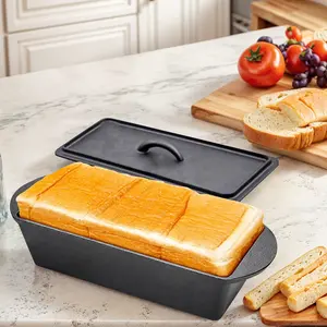 Rectangular Rustic Cast Iron Loaf Tin with Lid, 14x5 in Sturdy Thick Non-Coated Baking Pan with Handles, for Cake, Sandwich Baking