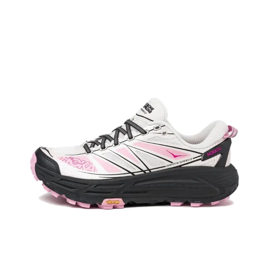 All-terrain outdoor travel lightweight walking footwear, white perforated woven mesh low top trainers pink geometric trim chunky foam base anti-slip lug rubber outsole for mountain jogging forest hiking errands