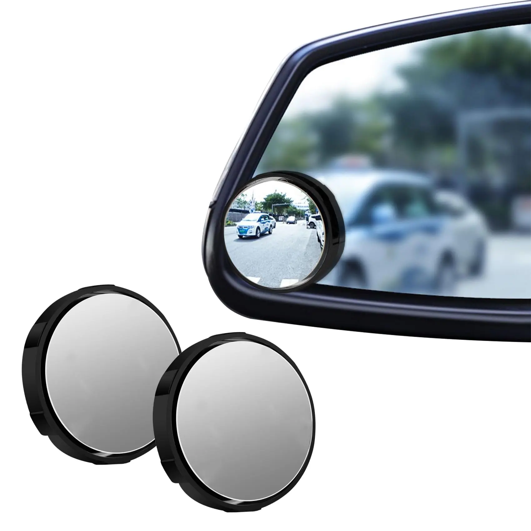 2PCS Round HD Glass Convex Rear View Mirror with Frame, 360 Wide Angle Side View Mirror Accessories with Self Adhesive Back for Car, SUV and Trucks, Black