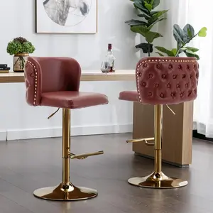 Swivel Bar Stools Set of 2, PU Leather Barstools bar Height Adjustable Counter Stool with Back Button Tufted Wingback and Gold Chrome Metal Leg, Bar Chairs for Kitchen Island Dining Room Pub, Modern