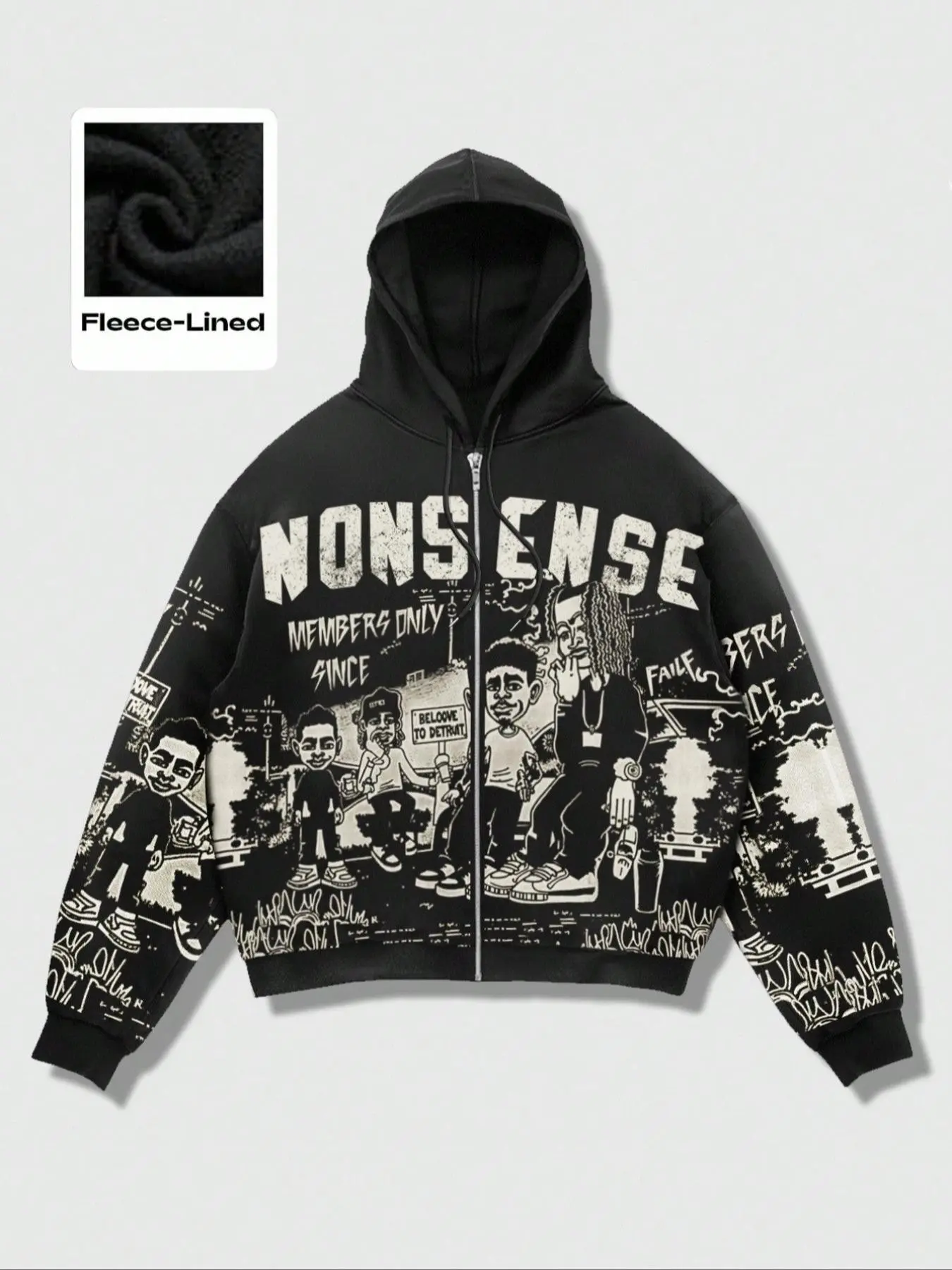 Zipper cardigan oversized long sleeves hoodie for music festival, men's streetwear trend brand hoodie, autumn and winter fleece hoodie, unisex Casual cardigan jacket, personalized graffiti, black cartoon rapper hoodie, Trendy Hoodie Sweatshirt
