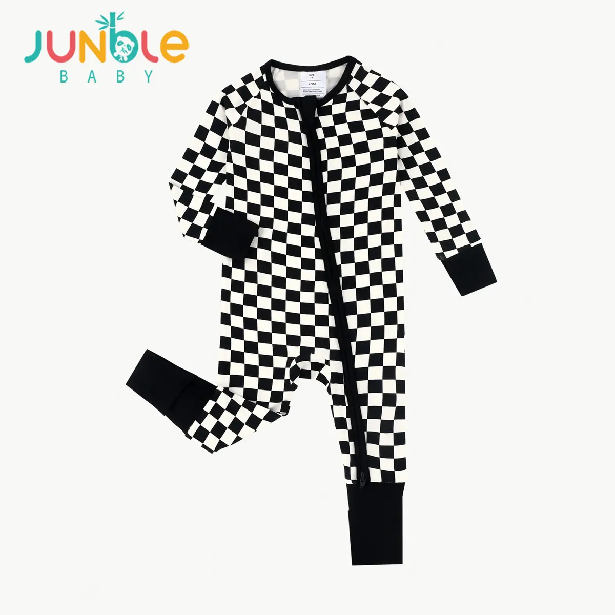 JUNBLEBABY Unisex Baby Organic Bamboo Romper Pajamas, Soft Jersey Checkerboard Convertible Footie with 2-Way Zipper for Sleep & Play, Tight Fit