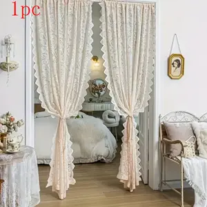 1pc Elegant French Vintage Lace Sheer Curtains for Living Room and Bedroom, Window Curtain, No-Drill Installation Room Divider, Thickened Fabric with Tail Design