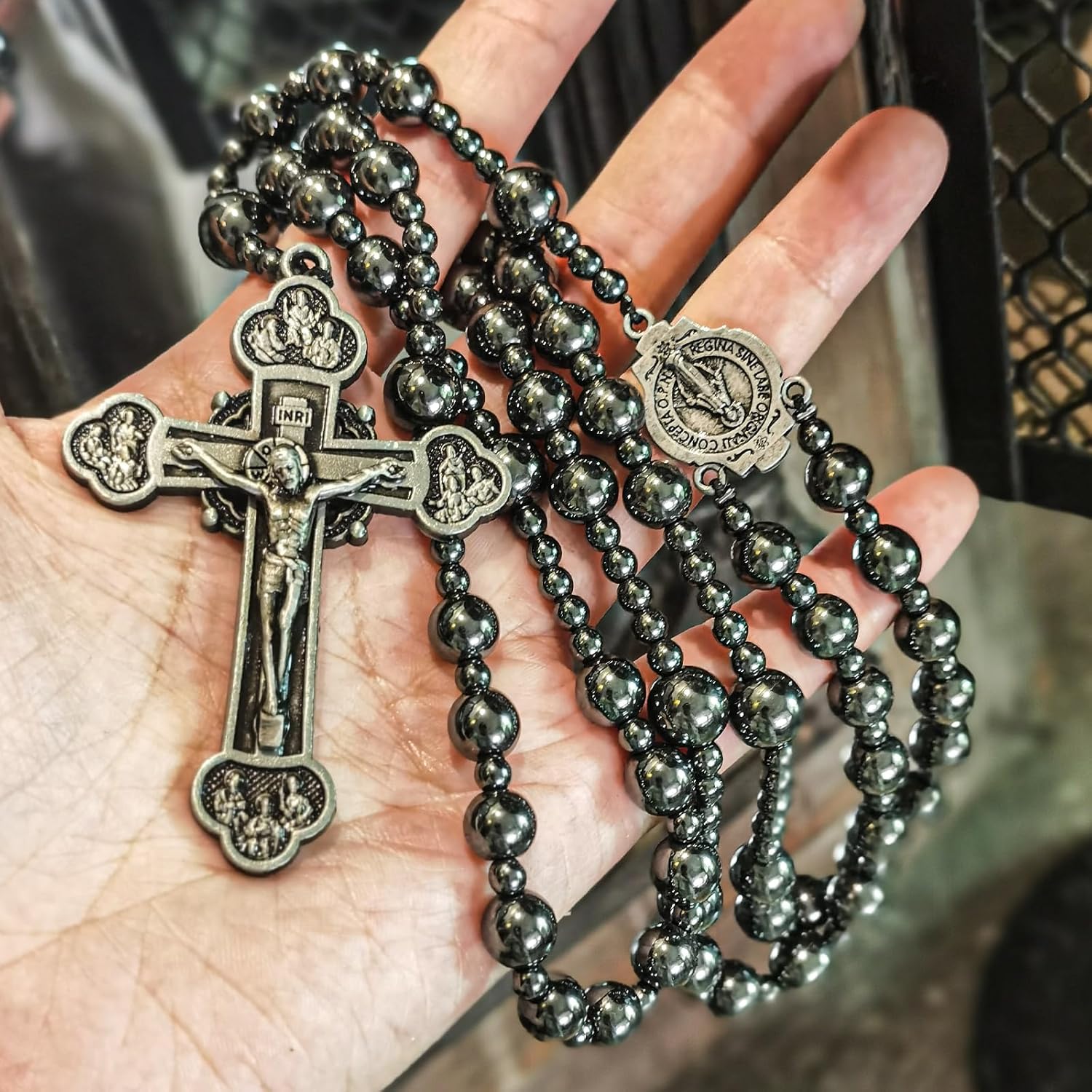 Large Heavy Rosary,Hematite rosary beads catholic for men and women,Rosary Necklace for men with Virgin Mary medal & cross,Handmade of rosarios catolicos Cross Necklace Catholic Gifts