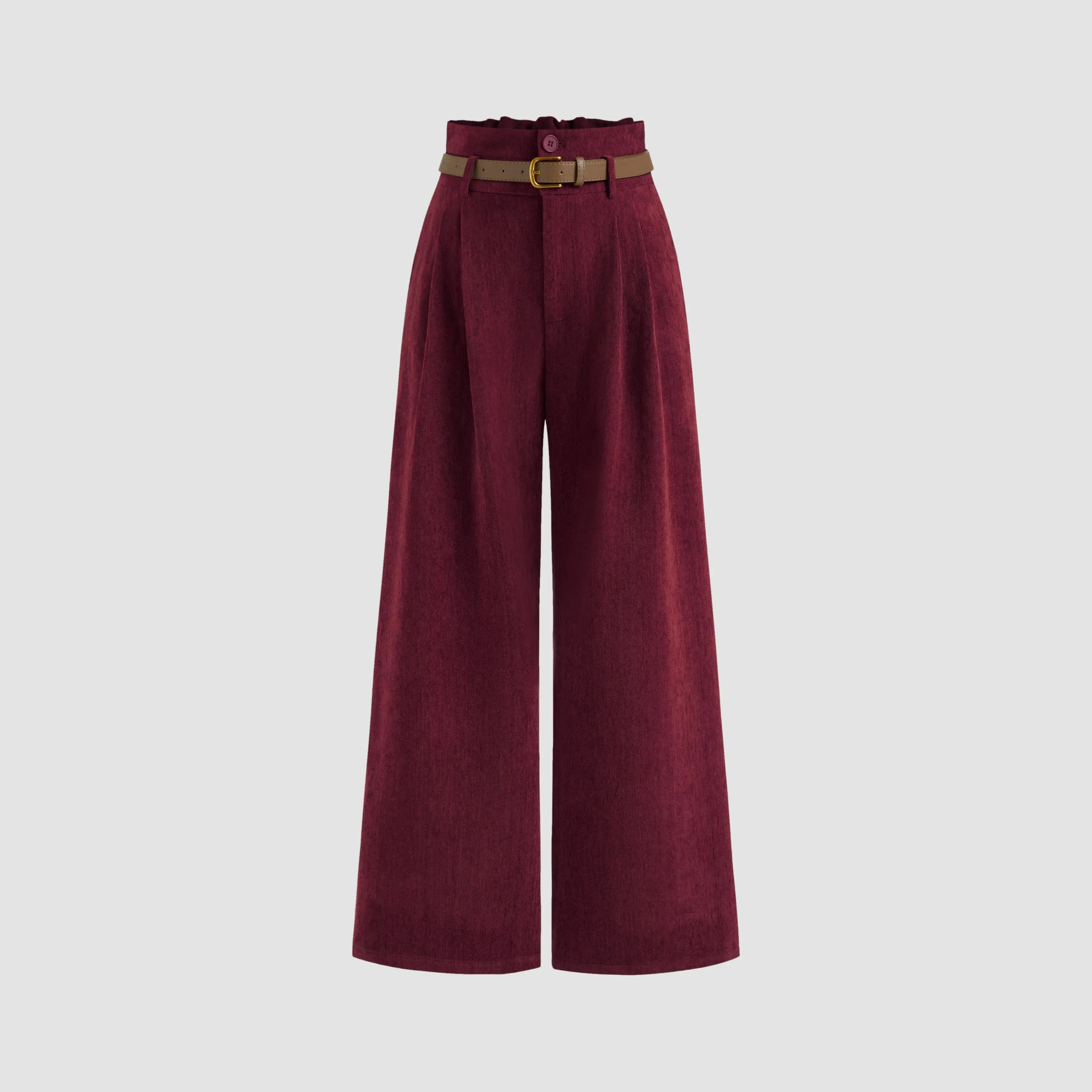 Cider Corduroy Pants for Women with Belt, Featuring a Casual High-Rise Fit, Solid Pattern, and Pleated Wide Leg Design, S
