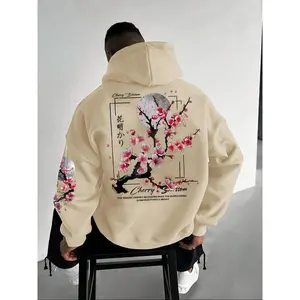 Men's Japanese Cherry Blossom Print Hoodie, Loose-Fit Casual Long Sleeve Pullover with Pocket, Spring & Fall Fashion Sweatshirt