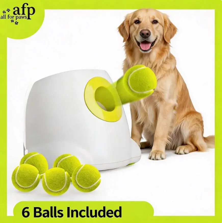 Allforpaws Maxi Hyper Fetch Automatic Ball Launcher for Large Dogs - 6 Durable Tennis Balls /ETPU Balls -Adjustable Distance & Rechargeable Battery Included -Interactive Play for Extended Exercise