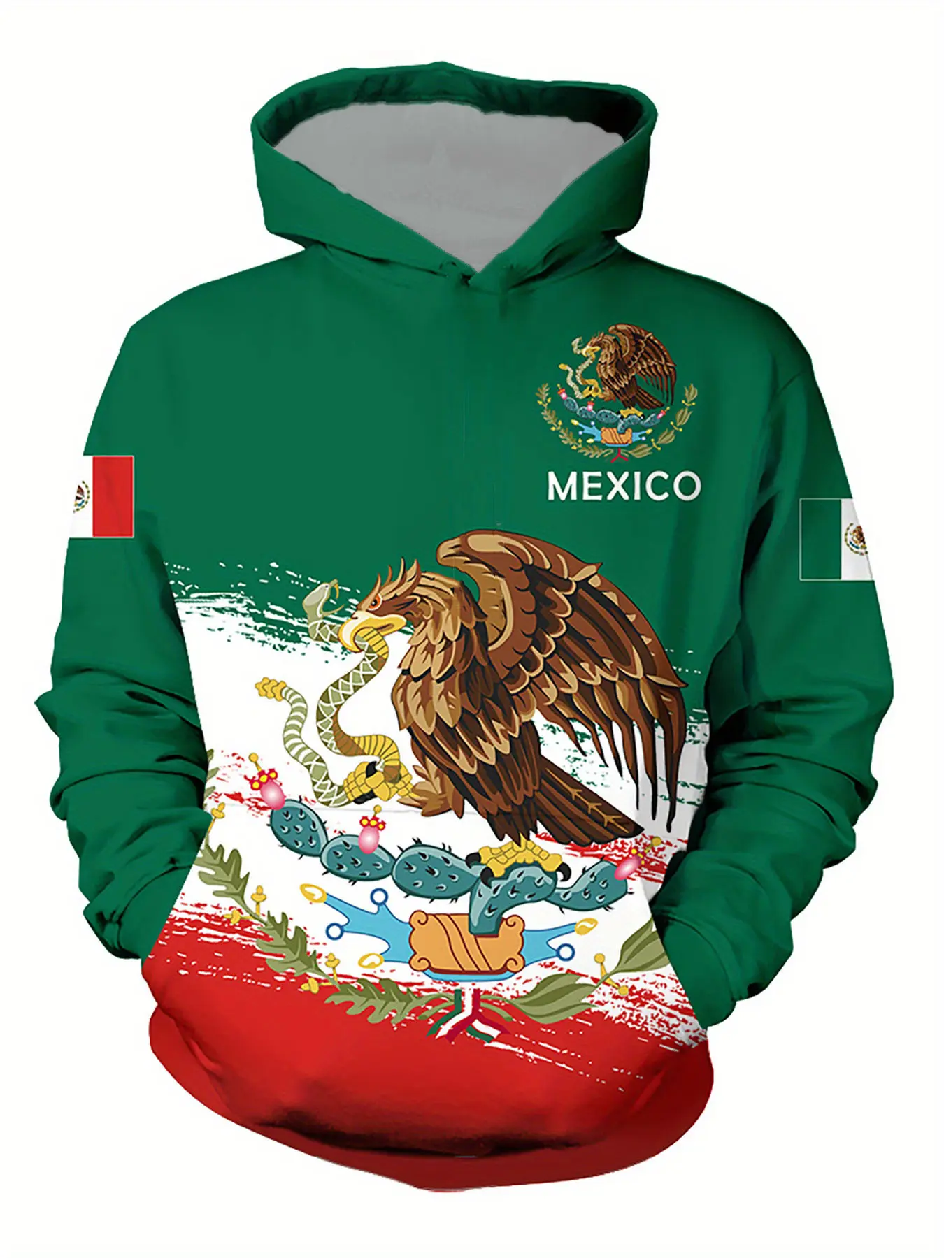 Mexican Style Men's Fitted Long Sleeve Hooded Sweatshirt, Eagle Snake Ethnic Print Casual Streetwear Hoodies, Kangaroo Pocket, Stretch Fabric, Elastic, Tops