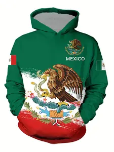 Mexican Style Men's Fitted Long Sleeve Hooded Sweatshirt, Eagle Snake Ethnic Print Casual Streetwear, Kangaroo Pocket, Stretch Fabric