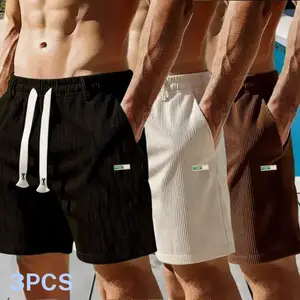 3 Pack American Spring/Summer New Men’s Solid Color Vertical Stripe Textured Drawstring Shorts, Elastic Waist Design, Side Pockets, Small Patch Decoration, Loose Draped Fit, Suitable for Comfortable Everyday Commuting casual fathersdaygift