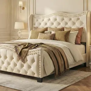 Bed Frame with Headboard and Footboard, 50 Inch Tall Wingback Upholstered Platform Bed, Cream Ivory Velvet Button Tufted, Sturdy/No Box Spring Needed/Noise Free, Beige twin queen