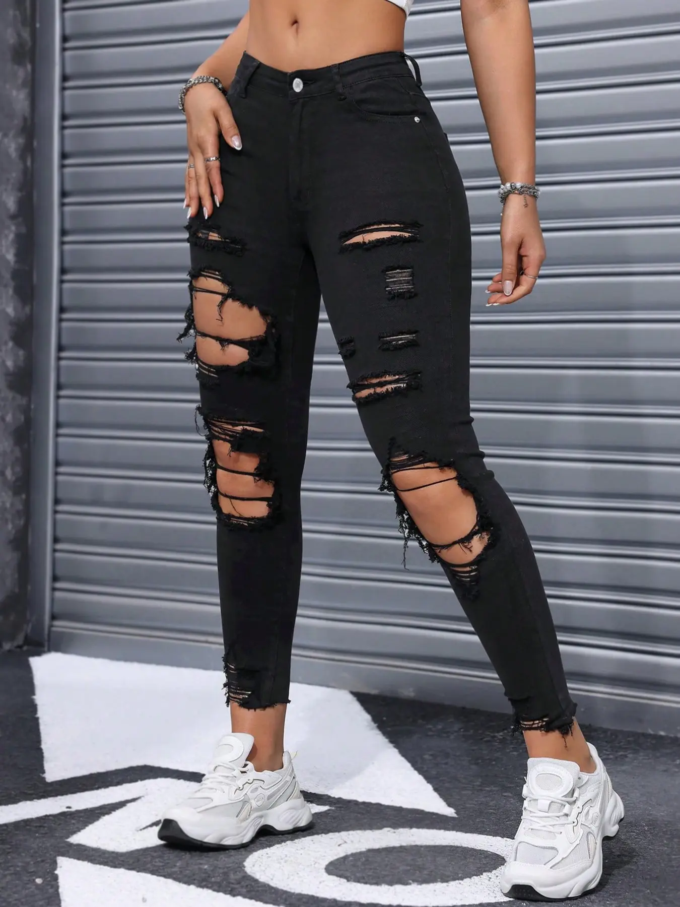 Y2K High Street Ripped Cool Style Denim Jeans Pants for Women, High Waist Fitted Slimming Effect, Long Regular Fit, All Seasons Streetwear, Ripped Holes Jeans