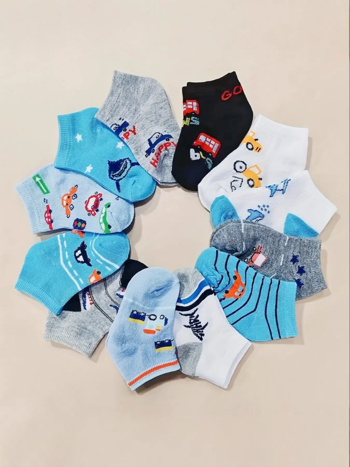 12 Pairs Kids Shark Car Traffic Pattern Socks, Soft Breathable Casual Fitted Short Socks for Boys, All Seasons Daily Wear Outdoor Travel Set