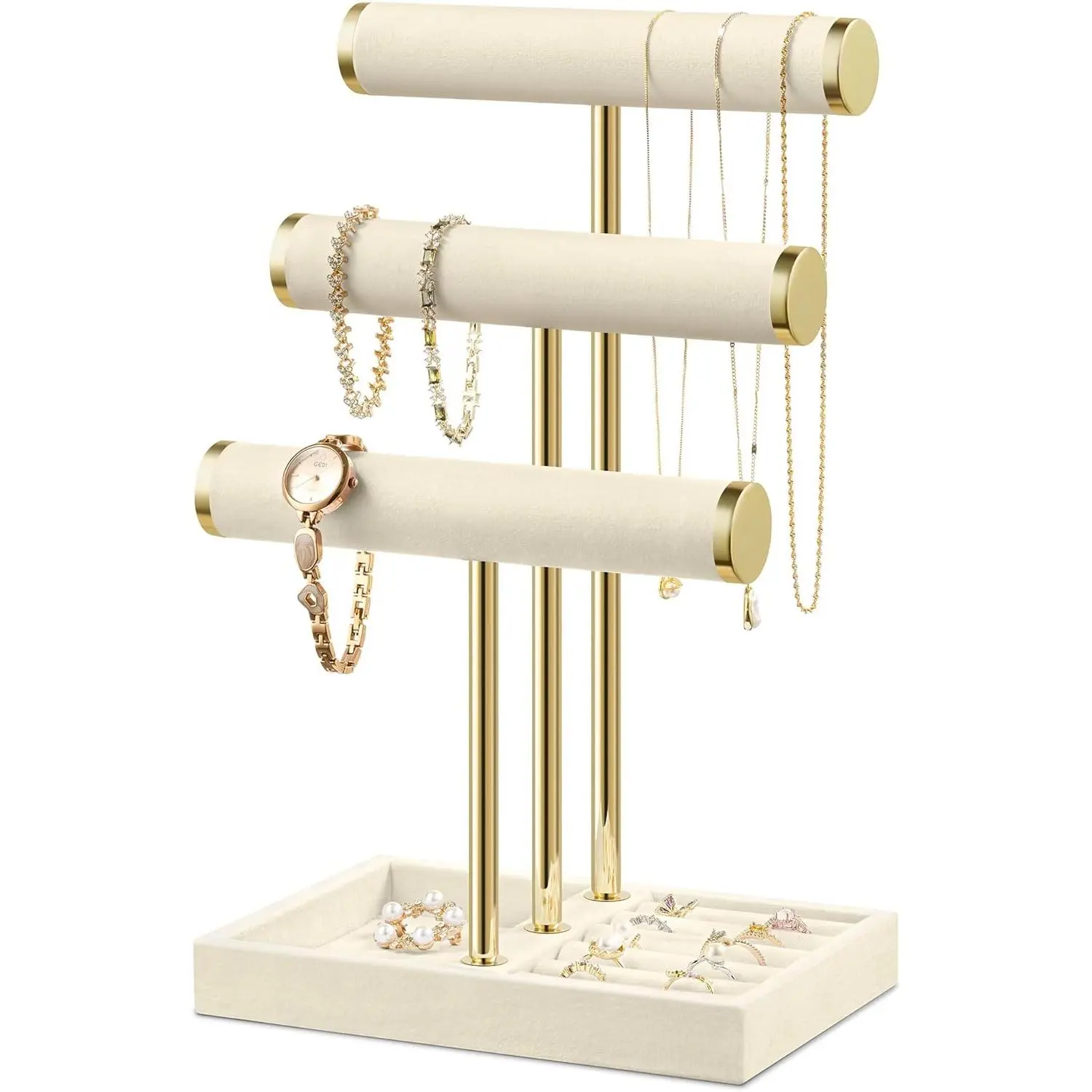 Bracelet Holder  Organizer Display - 3 Tier T Bar  Stand, Beige  Storage for Bracelet, Necklaces, Watches