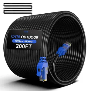 200FT Cat6 Outdoor Ethernet , In-Ground, Heavy Duty Direct Burial, 24AWG CCA Patch Cord, POE, UTP, , LLDPE , Network, Internet, LAN,  6  200  with 25  Ties