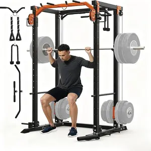 Garvee Power Cage for Home Gym, 2000LBS Power Squat Rack with Cable Crossover & Pulley System, Workout Cage Smith Machine for Full Body Strength Training, Orange & Black