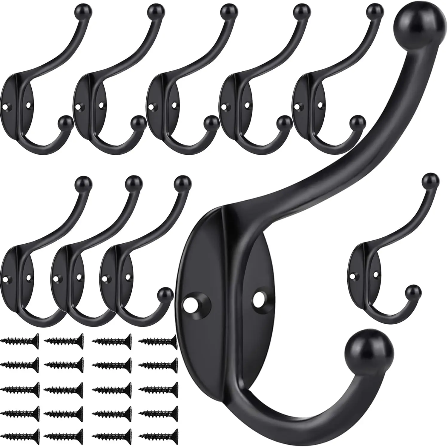 COLLINETS Contemporary Universal Wall-Mount Double Coat Hooks, 2in Solid Matte Finish, Durable Multifunctional Vertical Hanging Mount Storage Set for Bedroom Scarves, Pack of 10