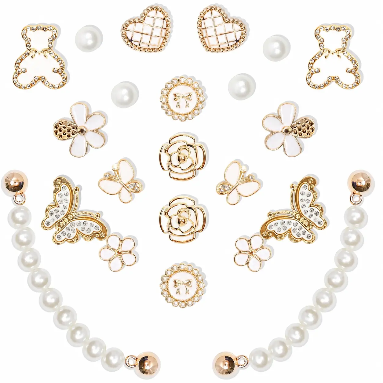 Mimilove 22 Pcs Bling Shoe Charms Chain for Women Pearl Flower Butterfly Clog Shoe Decoration Accessories Rhinestone Shoes Charms Cute Decor for Party Birthday Footwear