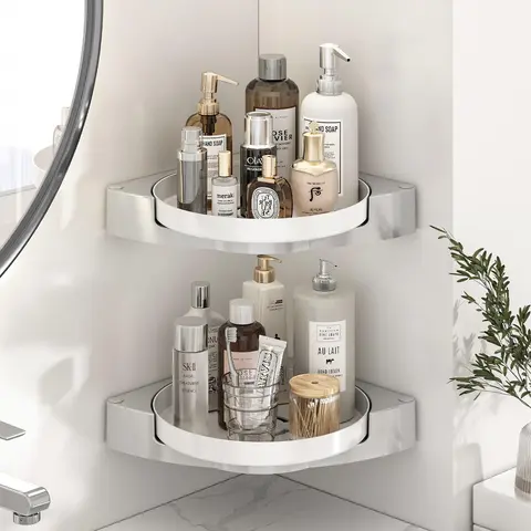 360° Rotatable ABS Durable Corner Shower Caddy - Self-Adhesive Waterproof Anti-Rust Plastic Shower Organizer, 15kg Large Capacity, Removable, Hollowed Drainage Bottom, Showerhead Holder, Adjustable Bathroom Organizing Accessories for Neat Space