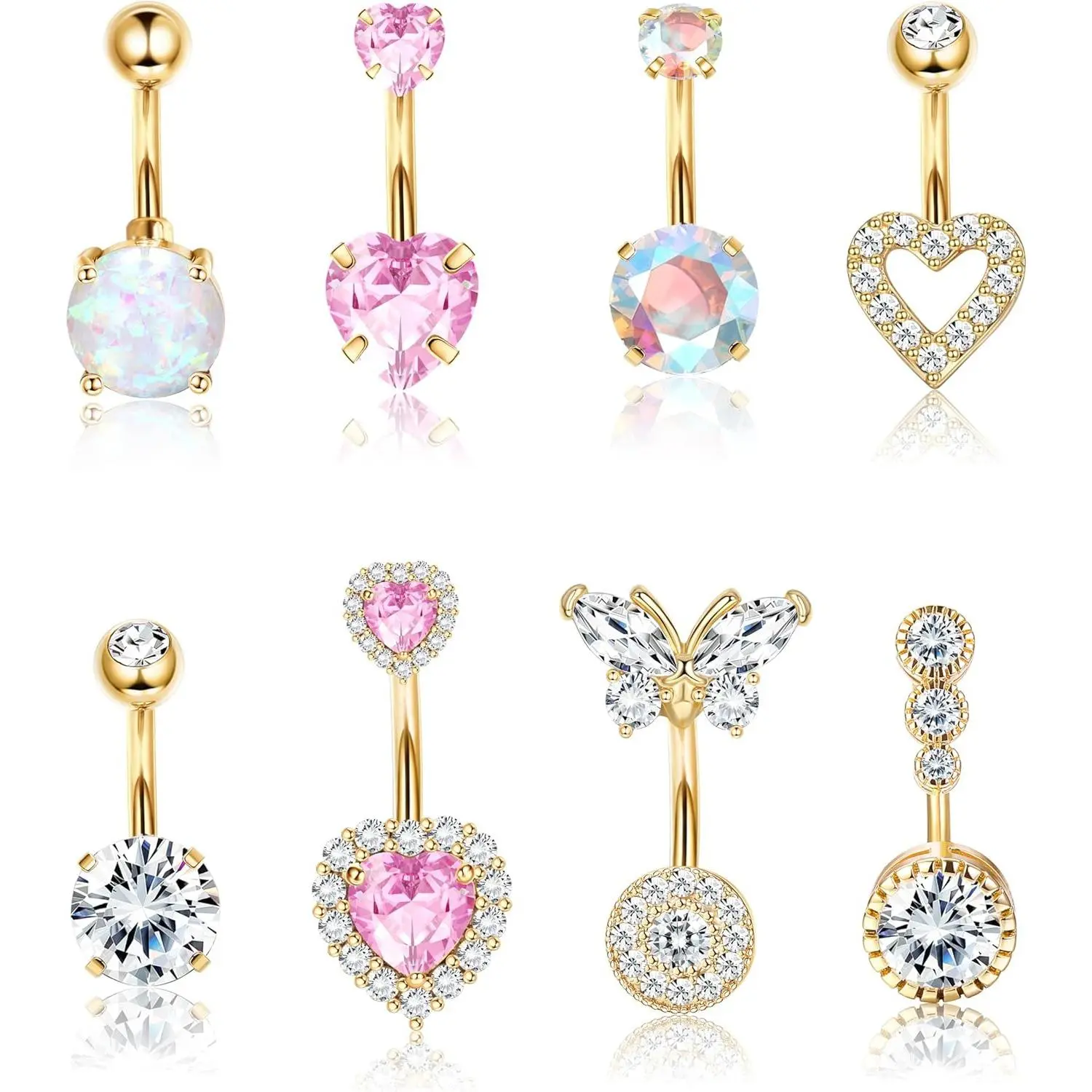 Women's Dainty 14G Surgical Stainless Steel Navel Ring Set - 8-Piece Hypoallergenic Body Jewelry with Pink Heart, Opal Stones, Butterfly Flatback Piercing Jewelry, Comfortable and Fitting Design, Gift Idea for Gifting Occasions