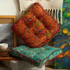 Bohemian Style Square Thickened Cushion - Multifunctional Comfortable Home Decorative Pillow with Pom-Poms, Made of Fade-Resistant Polyester Fiber.