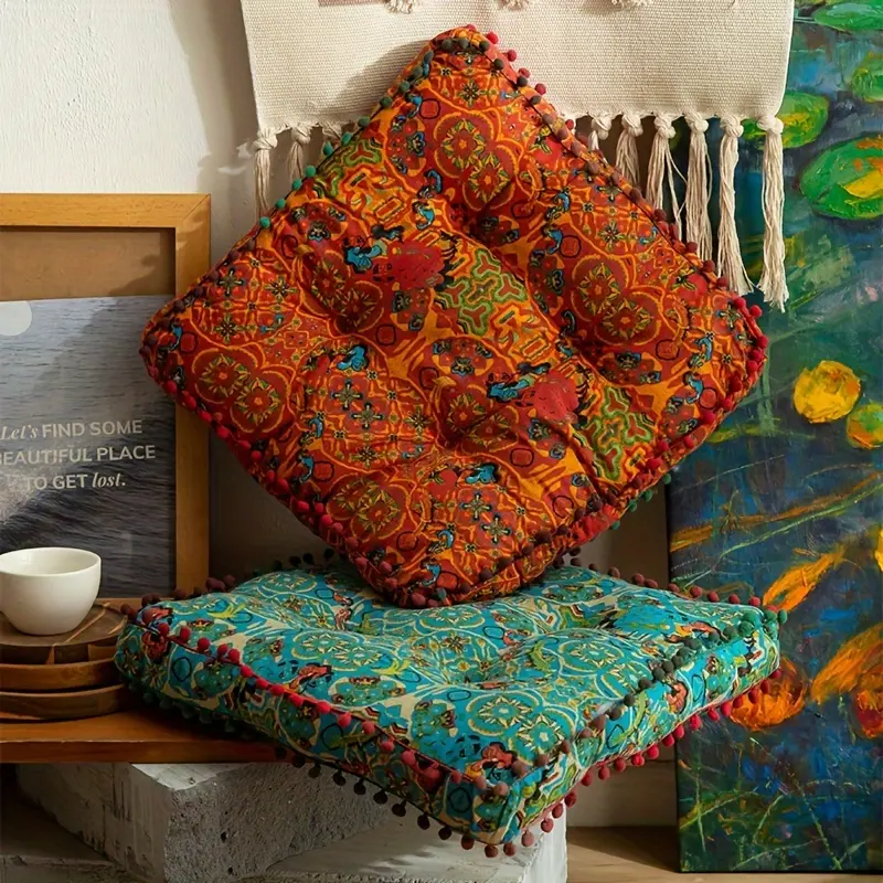 Boho Square Shape Thick Polyester Cushion - Fade-Proof, Pom-Pom Decorative Pillow for Indoor Home Supplies Use, Thick Cushion