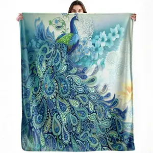 Blue Peacock Flannel Fleece Blanket, Elegant Paisley Feather Floral Print, Soft Warm Throw for Couch Sofa Bed, Vintage Boho Home Decor Blanket