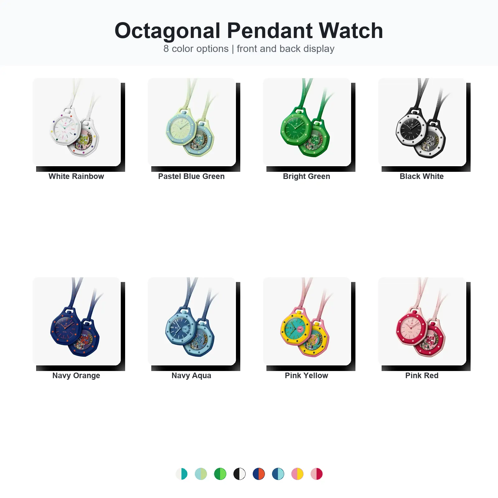Pendant Watch Necklace, Octagonal Hanging Pocket Watch with Front and Back Display, Colorful Lanyard Style, 8 Color Options