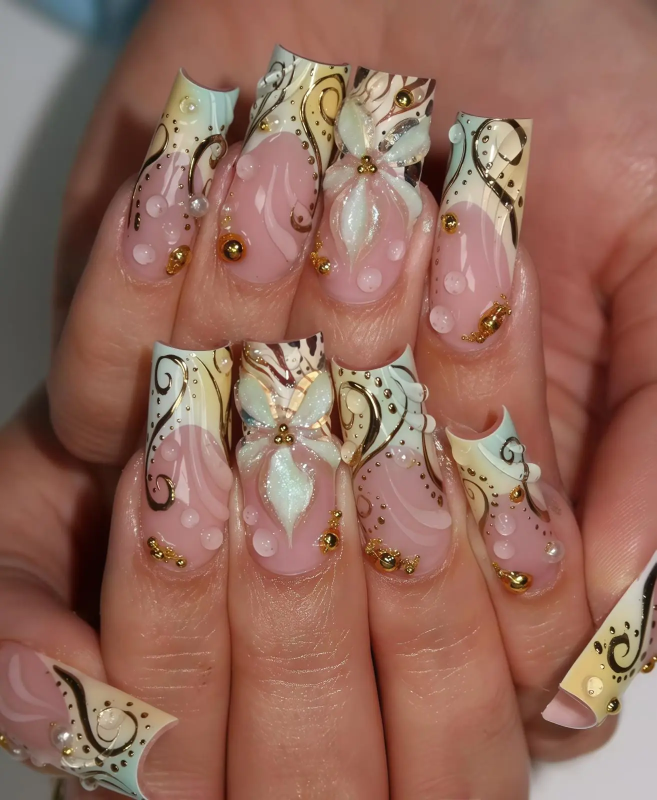 Custom Press on Nails Tropical Flower Green Pink Nails–3D Blooms, Dew Drops, Nature-Inspired Nail Art, Vibrant Summer Manicure with Sparkle