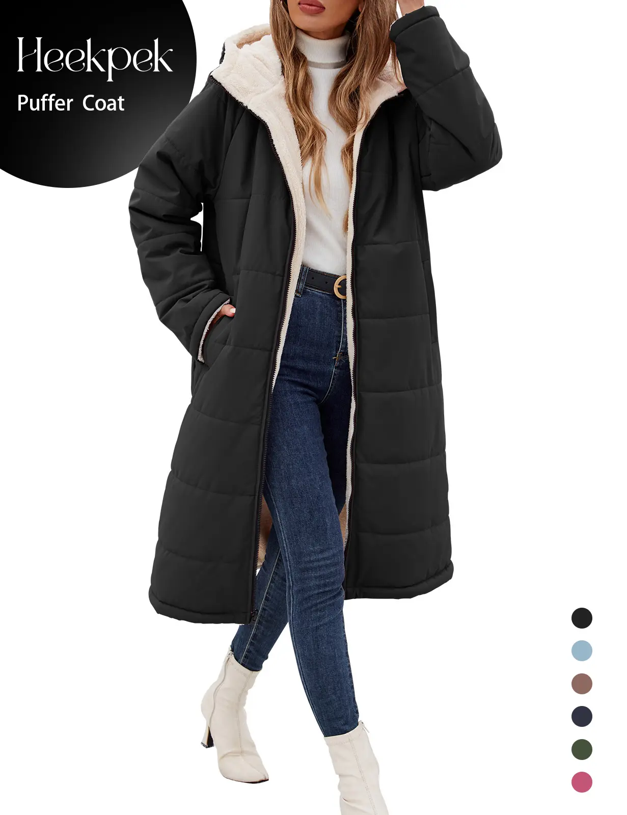 HEEKPEK Women's Oversized Sherpa Fleece Lined Long Puffer Coat with Hood, Long Sleeve, Windproof, Waterproof, and Insulated, Jacket, Oversized Fit, Tops, Basic