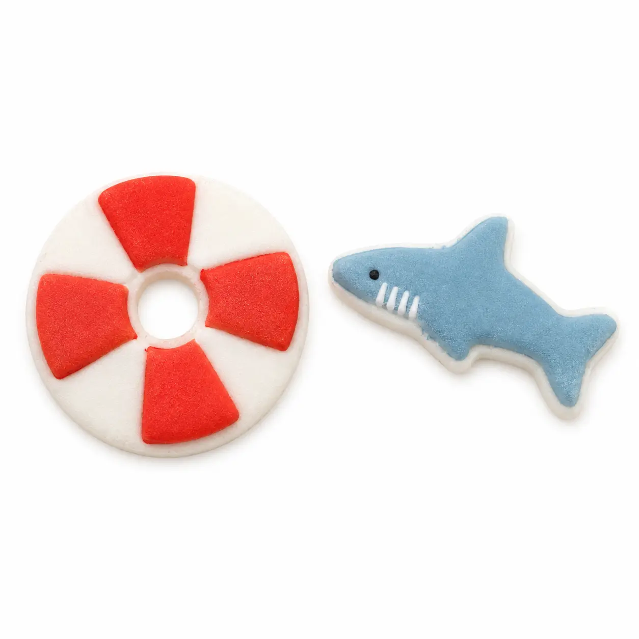 Shark & Life Raft Royal Icing Decorations 6 Count | Edible Cake Toppers