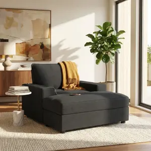 42.8" Oversized Chaise Lounge Chair with Storage Ottoman, Corduroy lazy Sofa Bed with Cup Holders & USB Charging Port, Upholstered Sleeper Chair, Deep - Seat Reading Couch for Living Room, Bedroom,Grey