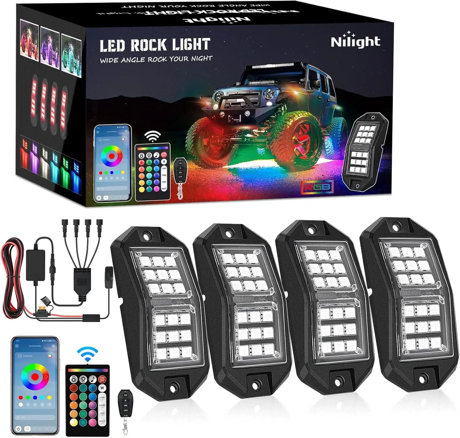 Nilight RGB LED Rock Lights Kit - 4 PCS 18LED Wide Angle Beam Underglow Car Pods, IP67 Waterproof, Dual Remote & Bluetooth App Control, Music Sync Mode, Multifunctional Ambient Lights,car accessories
